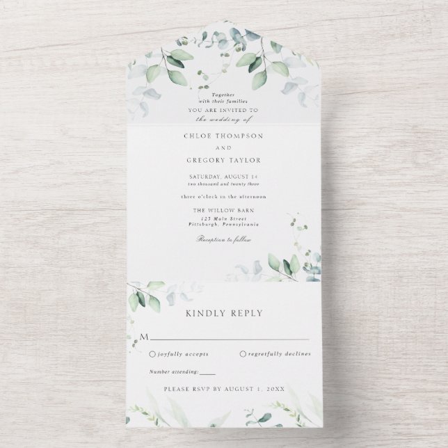 Invitation Tout En Un Mariage de verdure botanique et d'eucalyptus (À l'intérieur)
