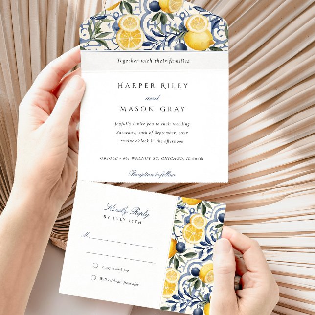 Invitation Tout En Un Mariage d'élégance Citrus avec RSVP anti-déchirure (Créateur téléchargé)