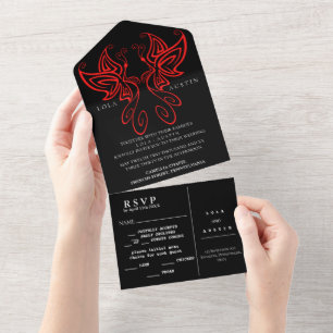 Invitation Tout En Un Mariage d'élégance moderne noir et blanc rouge