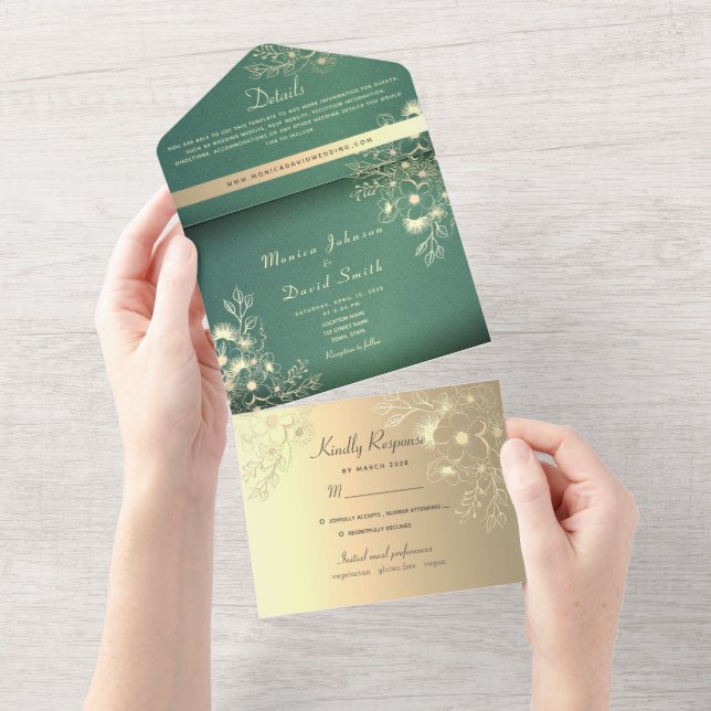 Invitation Tout En Un Mariage d'émeraude à la florale d'or (Déchirure)