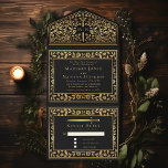 Invitation Tout En Un Mariage d'épée médiévale noire<br><div class="desc">Célébrez votre journée spéciale avec ce Mariage d'épée médiévale royale. Le design sur le dos de l'invitation n'est PAS de la vraie feuille d'or. Vous pouvez customiser plus loin en cliquant sur le bouton "PERSONNALISER".</div>