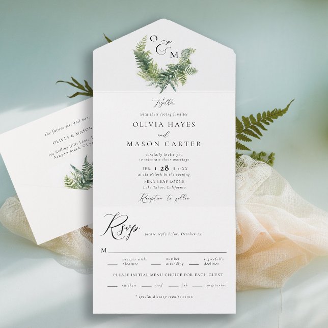 Invitation Tout En Un Mariage des monogrammes de fougères boisées de la  (enchanted forest wedding invitation botanical crest ferns outdoors mountains sage garden all in one)