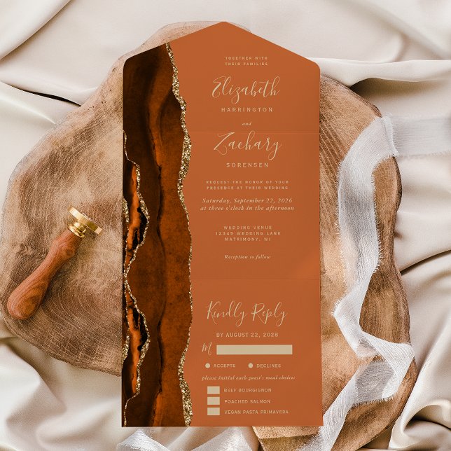 Invitation Tout En Un Mariage des options de repas d'Agate de rouille or (Créateur téléchargé)