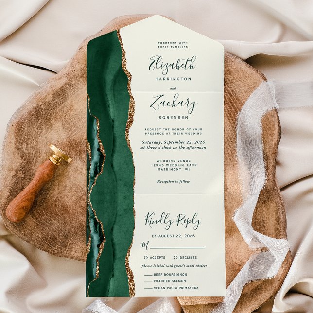 Invitation Tout En Un Mariage des options de repas Emerald Green Gold (Créateur téléchargé)