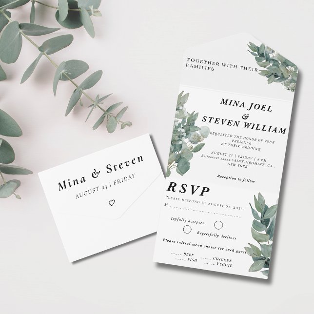 Invitation Tout En Un Mariage d'eucalyptus botanique rustique (Créateur téléchargé)