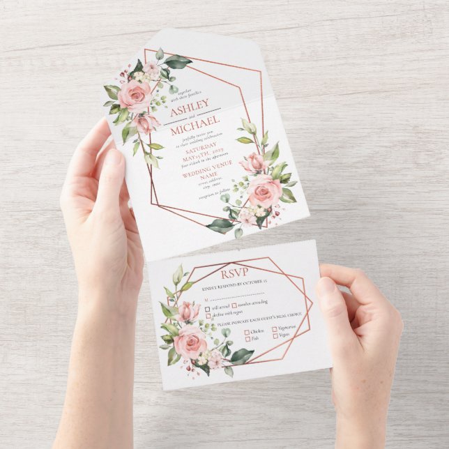Invitation Tout En Un Mariage d'Eucalyptus rose Peach Cuivre (Déchirure)