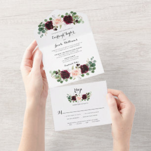 Invitation Tout En Un Mariage d'Eucalyptus rose rose rouge de Bourgogne