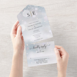 Invitation Tout En Un Mariage d'hiver à monogramme noir et or