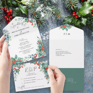 Invitation Tout En Un Mariage d'hiver aquarelle houx et baies