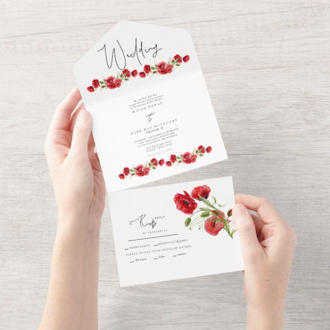 Invitation Tout En Un Mariage D'Hiver Coloré Rouge Floral Tout En Un Inv (Déchirure)