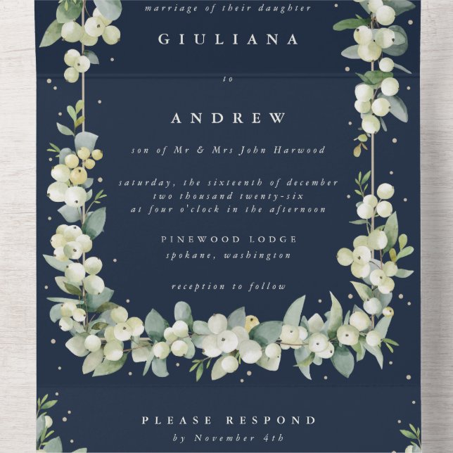 Invitation Tout En Un Mariage d'hiver de Snowberry+Eucalyptus (À l'intérieur du milieu)