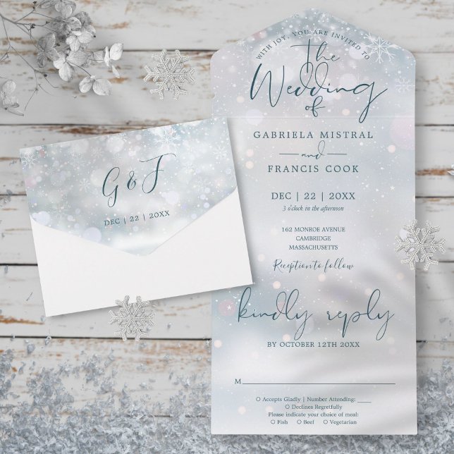Invitation Tout En Un Mariage d'hiver élégant scénario neige (Winter Wonderland Elegant Script Snow Wedding All In One Invitation)