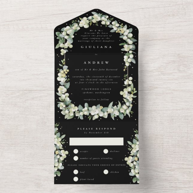 Invitation Tout En Un Mariage d'hiver Formal Black Snowberry+Eucalyptus (À l'intérieur)