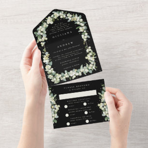 Invitation Tout En Un Mariage d'hiver Formal Black Snowberry+Eucalyptus