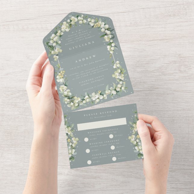 Invitation Tout En Un Mariage d'hiver Formal Green Snowberry+Eucalyptus (Déchirure)