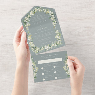 Invitation Tout En Un Mariage d'hiver Formal Green Snowberry+Eucalyptus