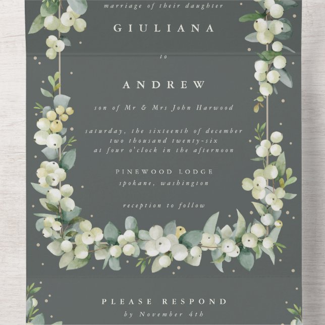 Invitation Tout En Un Mariage d'hiver Formal Green Snowberry+Eucalyptus (À l'intérieur du milieu)