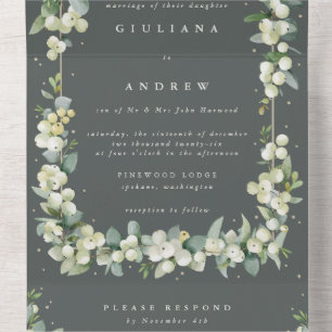 Invitation Tout En Un Mariage d'hiver formel au chèvrefeuille blanc et e