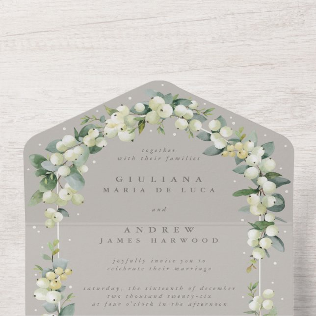 Invitation Tout En Un Mariage d'hiver Greige Snowberry+Eucalyptus (À l'intérieur du haut)