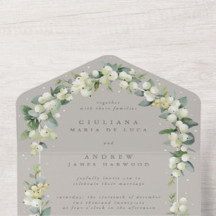 Invitation Tout En Un Mariage d'hiver Greige Snowberry+Eucalyptus