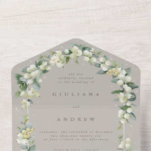 Invitation Tout En Un Mariage d'hiver Greige/Taupe Snowberry+Eucalyptus
