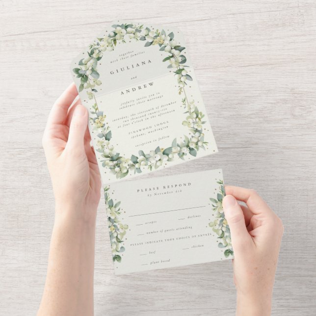 Invitation Tout En Un Mariage d'hiver Marine/Crème Snowberry+Eucalyptus (Déchirure)