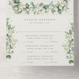 Invitation Tout En Un Mariage d'hiver Marine/Crème Snowberry+Eucalyptus