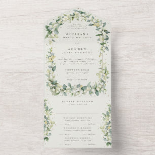 Invitation Tout En Un Mariage d'hiver Marine/Crème Snowberry+Eucalyptus