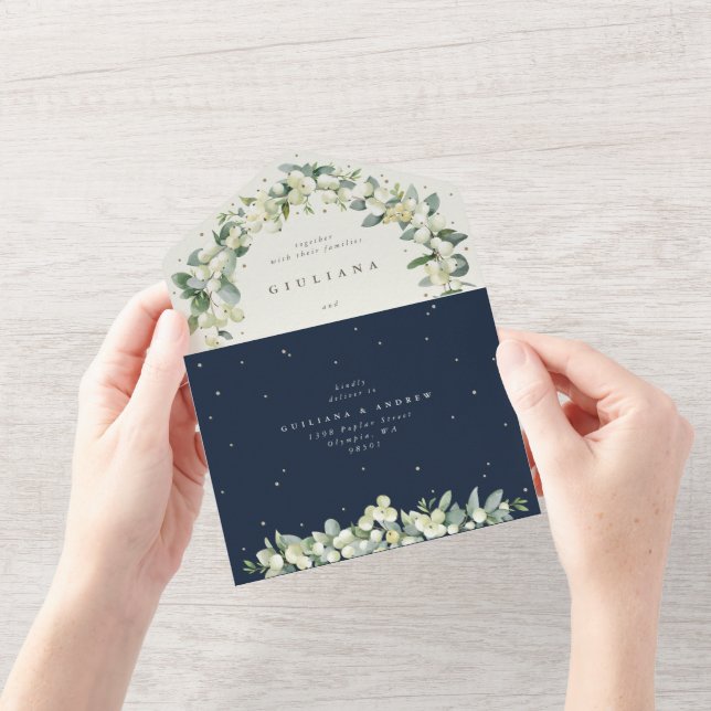 Invitation Tout En Un Mariage d'hiver Marine/Crème Snowberry+Eucalyptus (Ouverture)