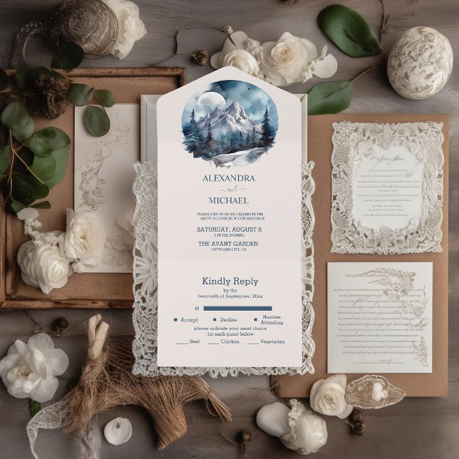 Invitation Tout En Un Mariage d'hiver rustique à l'aquarelle en forêt de (Créateur téléchargé)