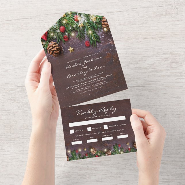 Invitation Tout En Un Mariage d'hiver rustique Noël 3 en 1 (Déchirure)
