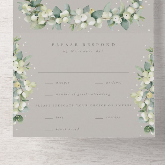 Invitation Tout En Un Mariage d'hiver Taupe/Greige Snowberry+Eucalyptus (Intérieur en bas)