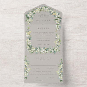 Invitation Tout En Un Mariage d'hiver Taupe/Greige Snowberry+Eucalyptus