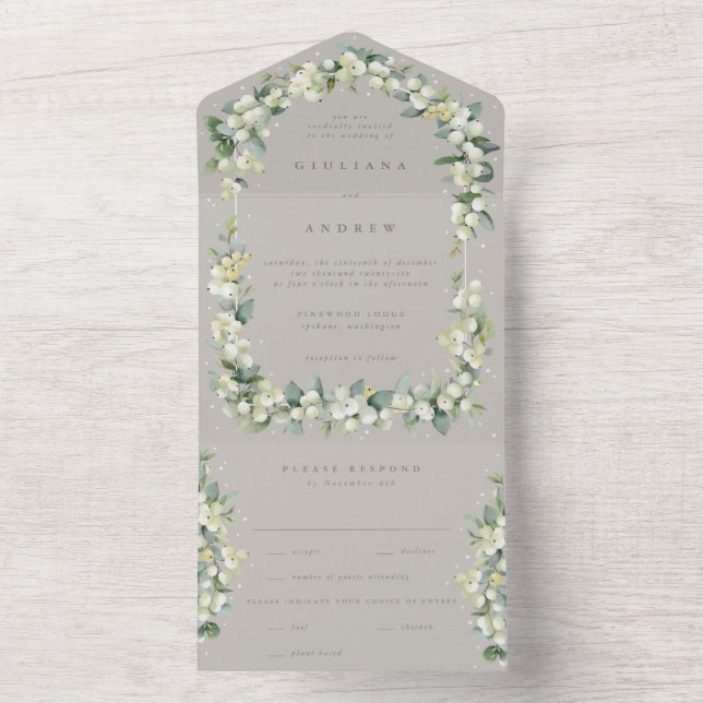 Invitation Tout En Un Mariage d'hiver Taupe/Greige Snowberry+Eucalyptus (À l'intérieur)