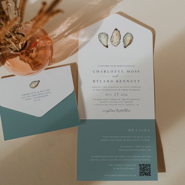 Invitation Tout En Un Mariage d'huîtres d'aquarelle côtière (Coastal oyster wedding invitations with detachable details card and QR code)
