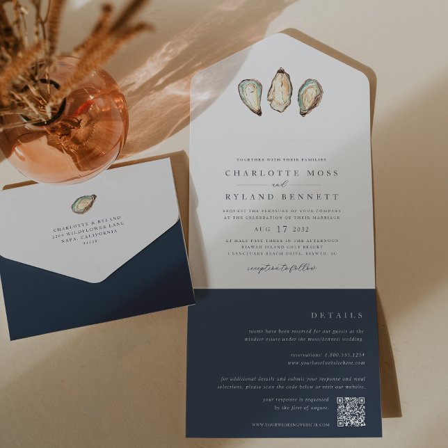 Invitation Tout En Un Mariage d'huîtres d'aquarelle côtière (Créateur téléchargé)