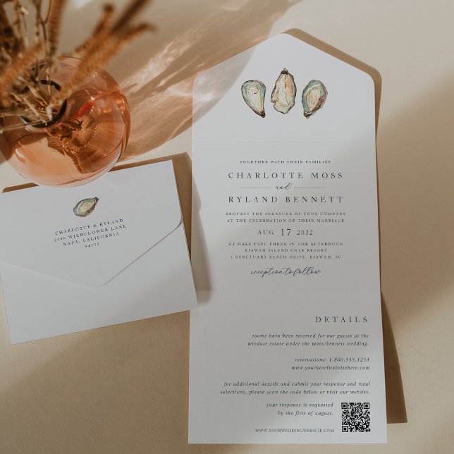 Invitation Tout En Un Mariage d'huîtres d'aquarelle côtière (Coastal oyster wedding invitations with a detachable details card)