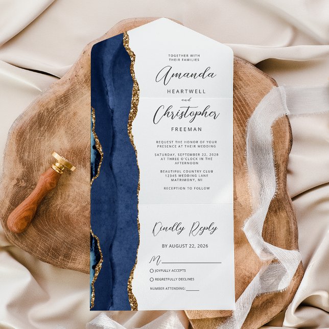 Invitation Tout En Un Mariage d'or bleu de la marine (Créateur téléchargé)