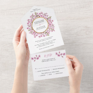 Invitation Tout En Un Mariage d'or fleuri rose