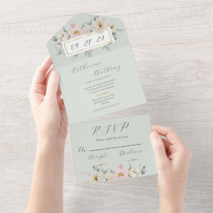 Invitation Tout En Un Mariage d'or floral vert moderne