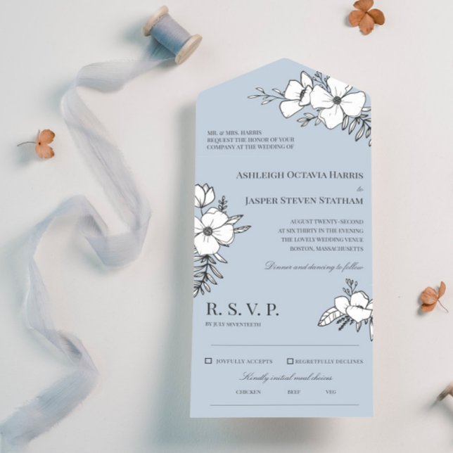 Invitation Tout En Un Mariage Dove Bleu & Blanc Joli Fleurs (Créateur téléchargé)