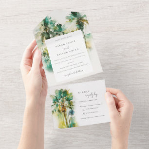 Invitation Tout En Un Mariage Dusky Green Tropical Aquarelle Palm Trees