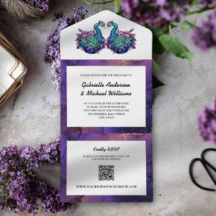 Invitation Tout En Un Mariage Éco QR Photo Paon Or Violet Élégant