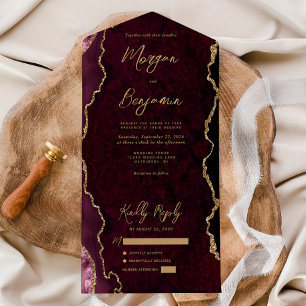 Invitation Tout En Un Mariage écriture dorée agate rouge de Bourgogne