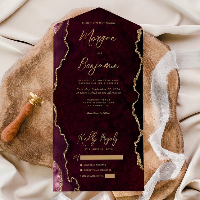 Invitation Tout En Un Mariage écriture dorée agate rouge de Bourgogne (Créateur téléchargé)