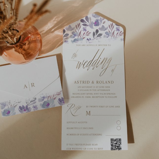 Invitation Tout En Un Mariage écriture dorée faux floral violet Boho  (Créateur téléchargé)