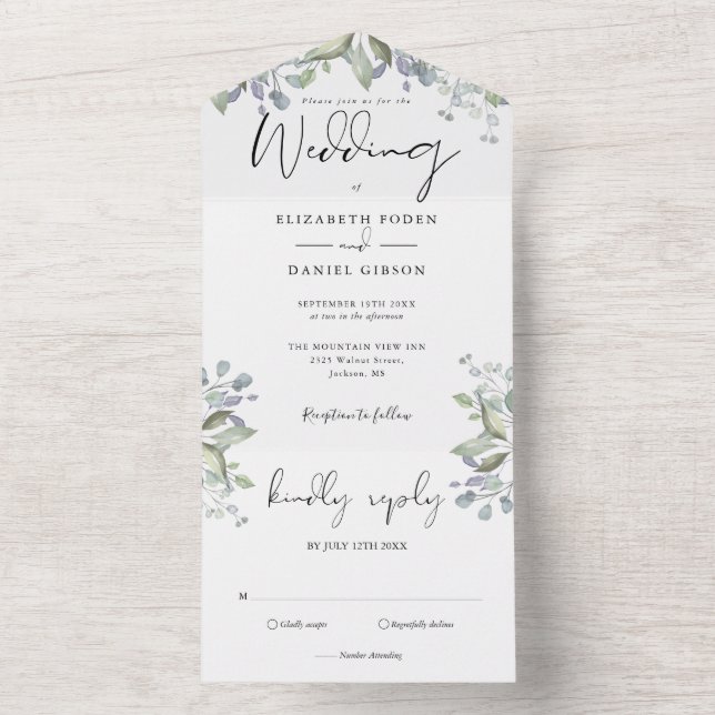 Invitation Tout En Un Mariage Écriture Élégante Feuillage Verdure (À l'intérieur)