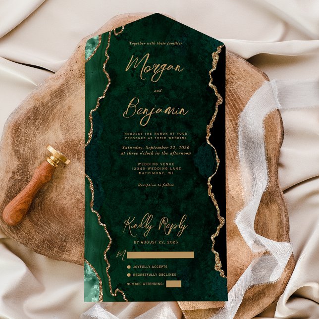 Invitation Tout En Un Mariage Écriture Or Agate Vert Émeraude (Créateur téléchargé)