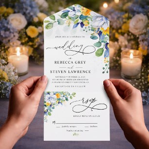 Invitation Tout En Un Mariage élégant à l'aquarelle jaune et bleu à moti