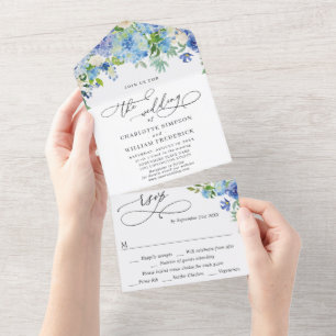 Invitation Tout En Un Mariage Élégant Aquarelle Hydrangea Bleu Verdure